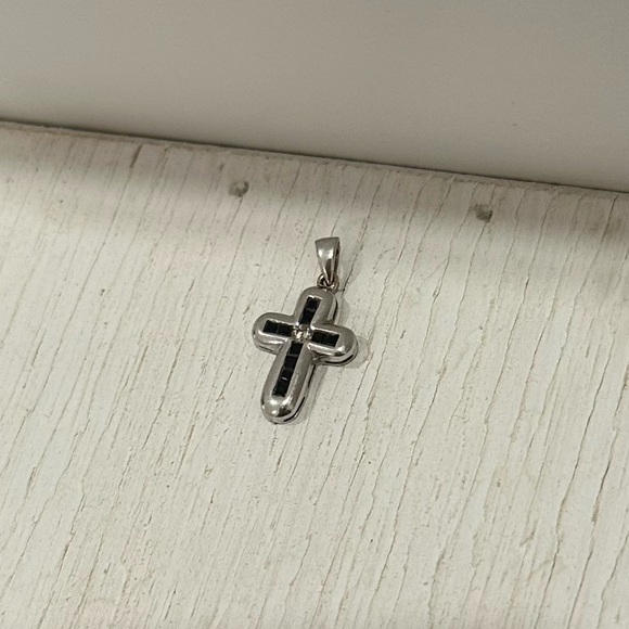 Channel Set Dark Sapphire White Gold Cross Pendant - Picture 1 of 6